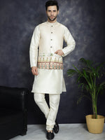 Thumbnail for Jompers Men's Printed Nehru Jacket With Solid Kurta Pyjama - Golden - Distacart