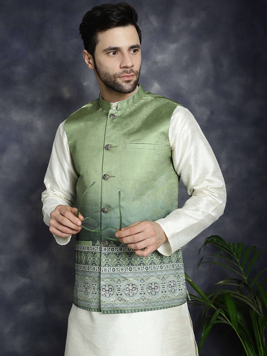 Jompers Men's Printed Nehru Jacket With Solid Kurta Pyjama - Green - Distacart