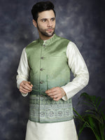 Thumbnail for Jompers Men's Printed Nehru Jacket With Solid Kurta Pyjama - Green - Distacart