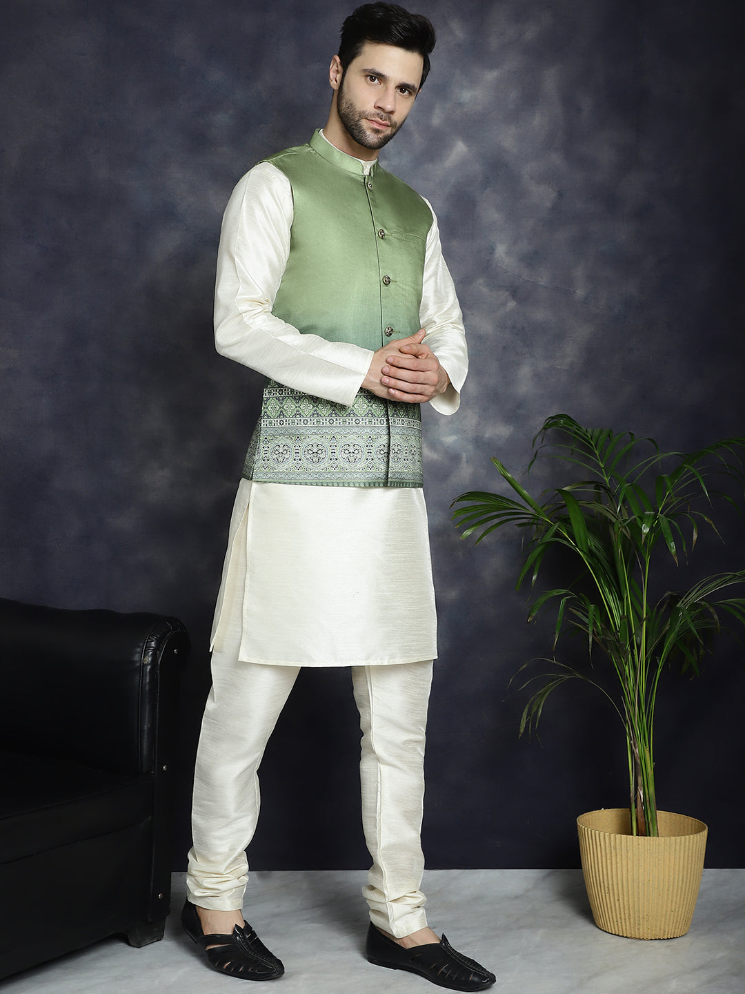 Jompers Men's Printed Nehru Jacket With Solid Kurta Pyjama - Green - Distacart