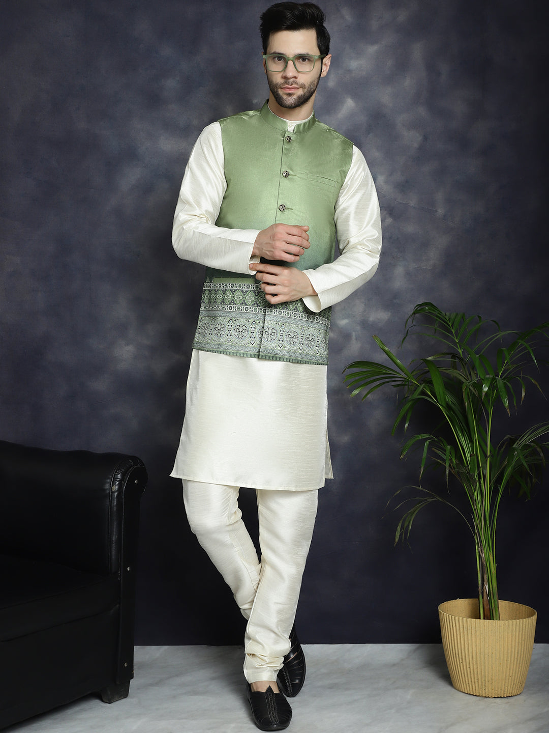Jompers Men's Printed Nehru Jacket With Solid Kurta Pyjama - Green - Distacart