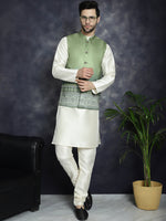 Thumbnail for Jompers Men's Printed Nehru Jacket With Solid Kurta Pyjama - Green - Distacart