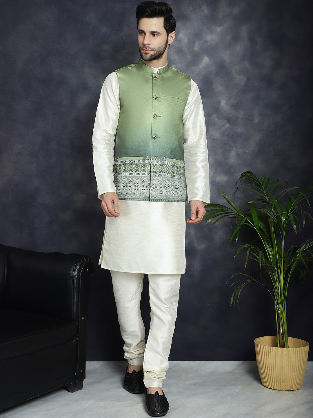Jompers Men's Printed Nehru Jacket With Solid Kurta Pyjama - Green - Distacart