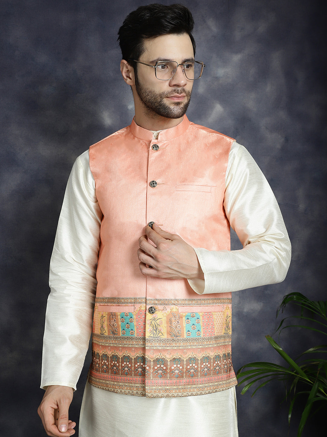 Jompers Men's Printed Nehru Jacket With Solid Kurta Pyjama - Peach - Distacart