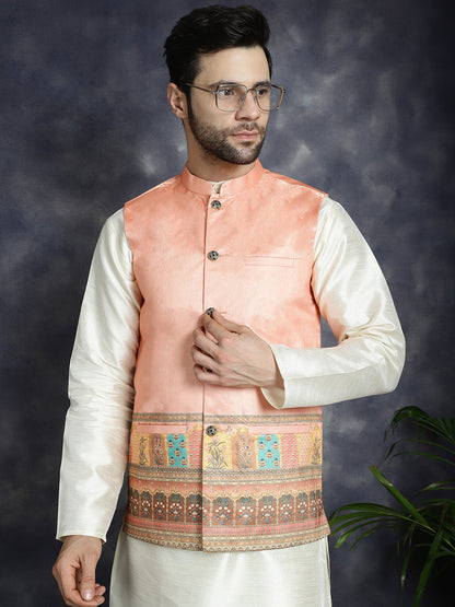 Jompers Men's Printed Nehru Jacket With Solid Kurta Pyjama - Peach - Distacart