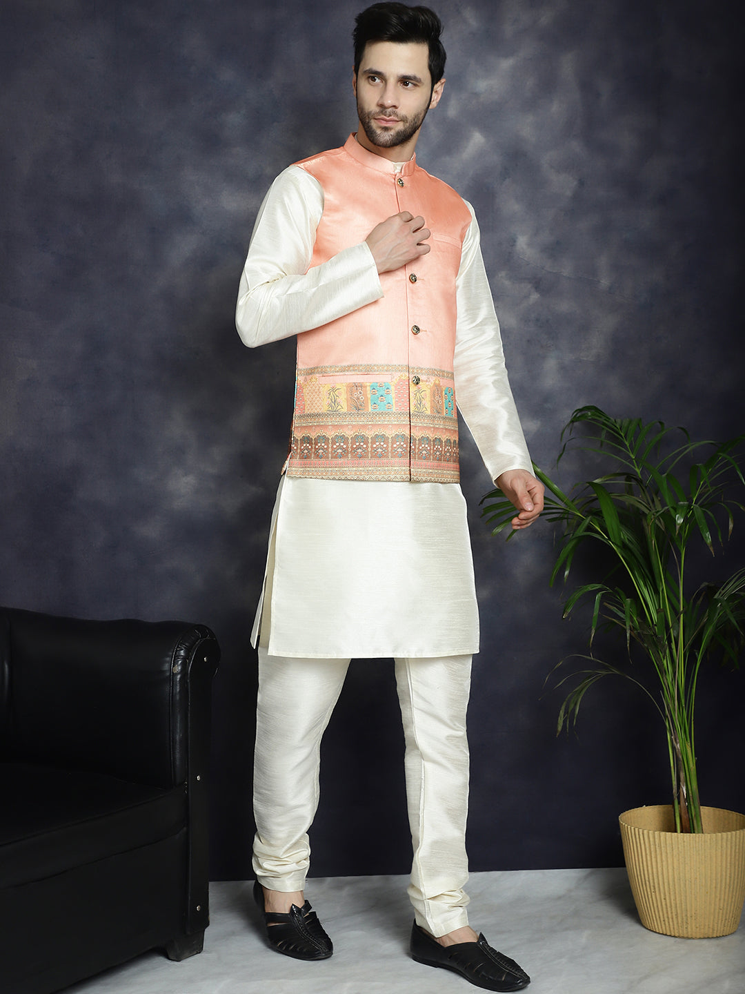 Jompers Men's Printed Nehru Jacket With Solid Kurta Pyjama - Peach - Distacart