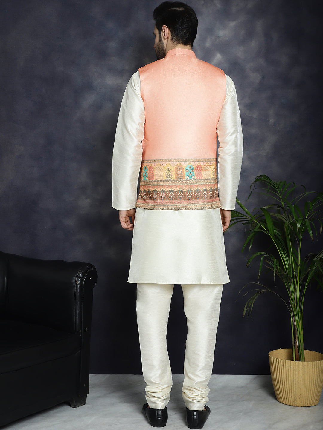 Jompers Men's Printed Nehru Jacket With Solid Kurta Pyjama - Peach - Distacart