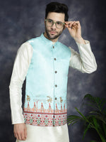 Thumbnail for Jompers Men's Printed Nehru Jacket With Solid Kurta Pyjama - Sky Blue - Distacart