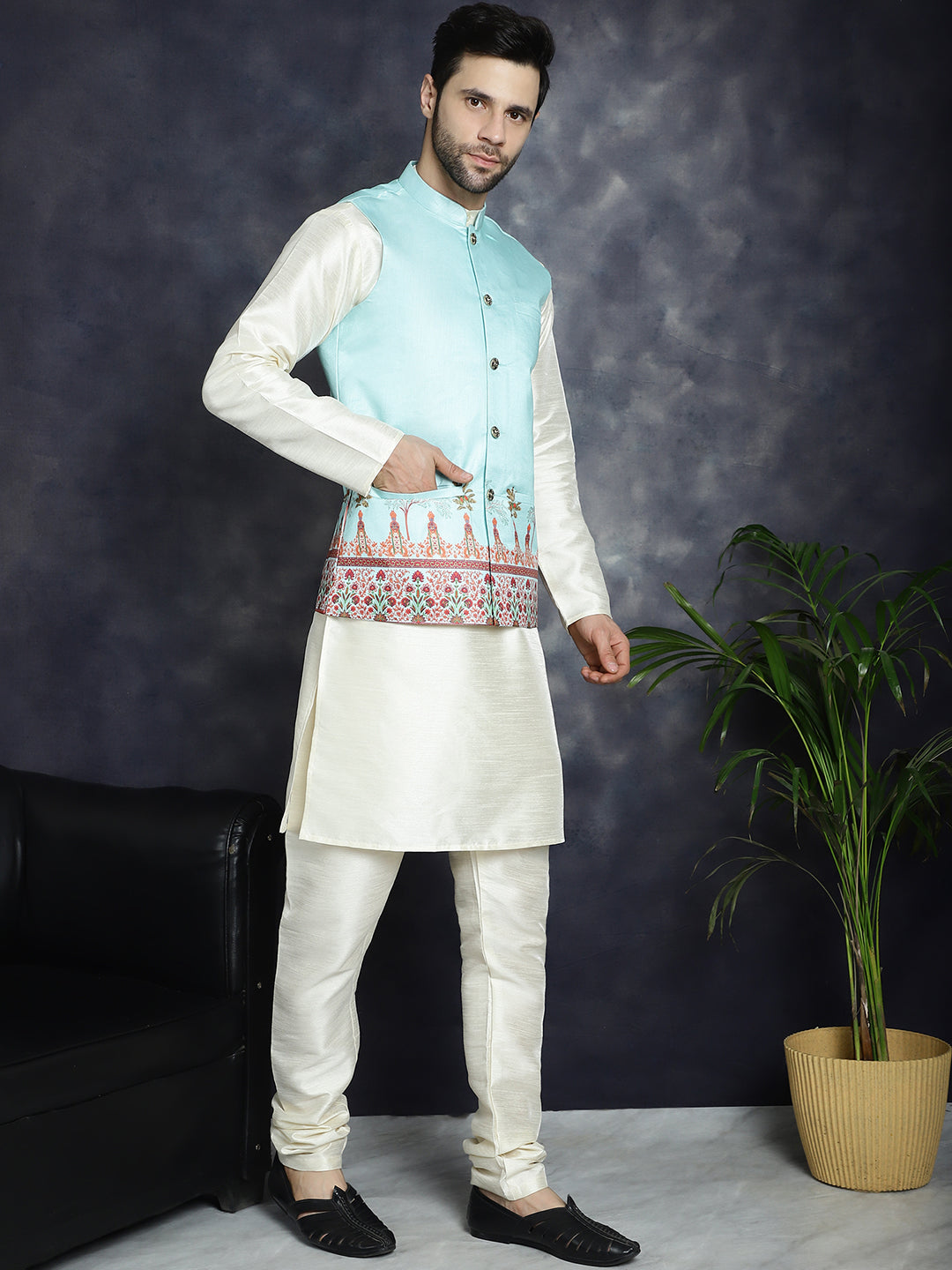 Jompers Men's Printed Nehru Jacket With Solid Kurta Pyjama - Sky Blue - Distacart