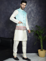 Thumbnail for Jompers Men's Printed Nehru Jacket With Solid Kurta Pyjama - Sky Blue - Distacart