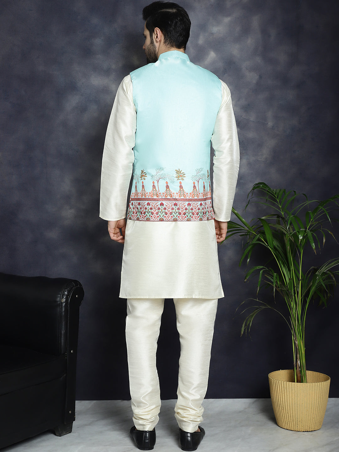 Jompers Men's Printed Nehru Jacket With Solid Kurta Pyjama - Sky Blue - Distacart