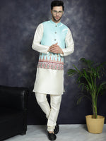 Thumbnail for Jompers Men's Printed Nehru Jacket With Solid Kurta Pyjama - Sky Blue - Distacart