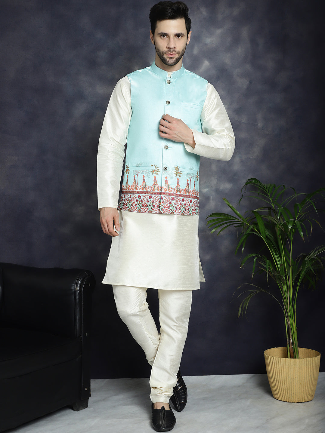 Jompers Men's Printed Nehru Jacket With Solid Kurta Pyjama - Sky Blue - Distacart