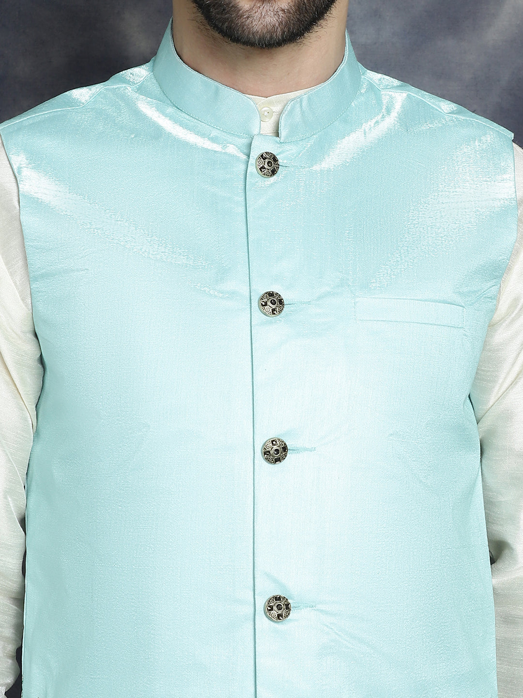 Jompers Men's Printed Nehru Jacket With Solid Kurta Pyjama - Sky Blue - Distacart