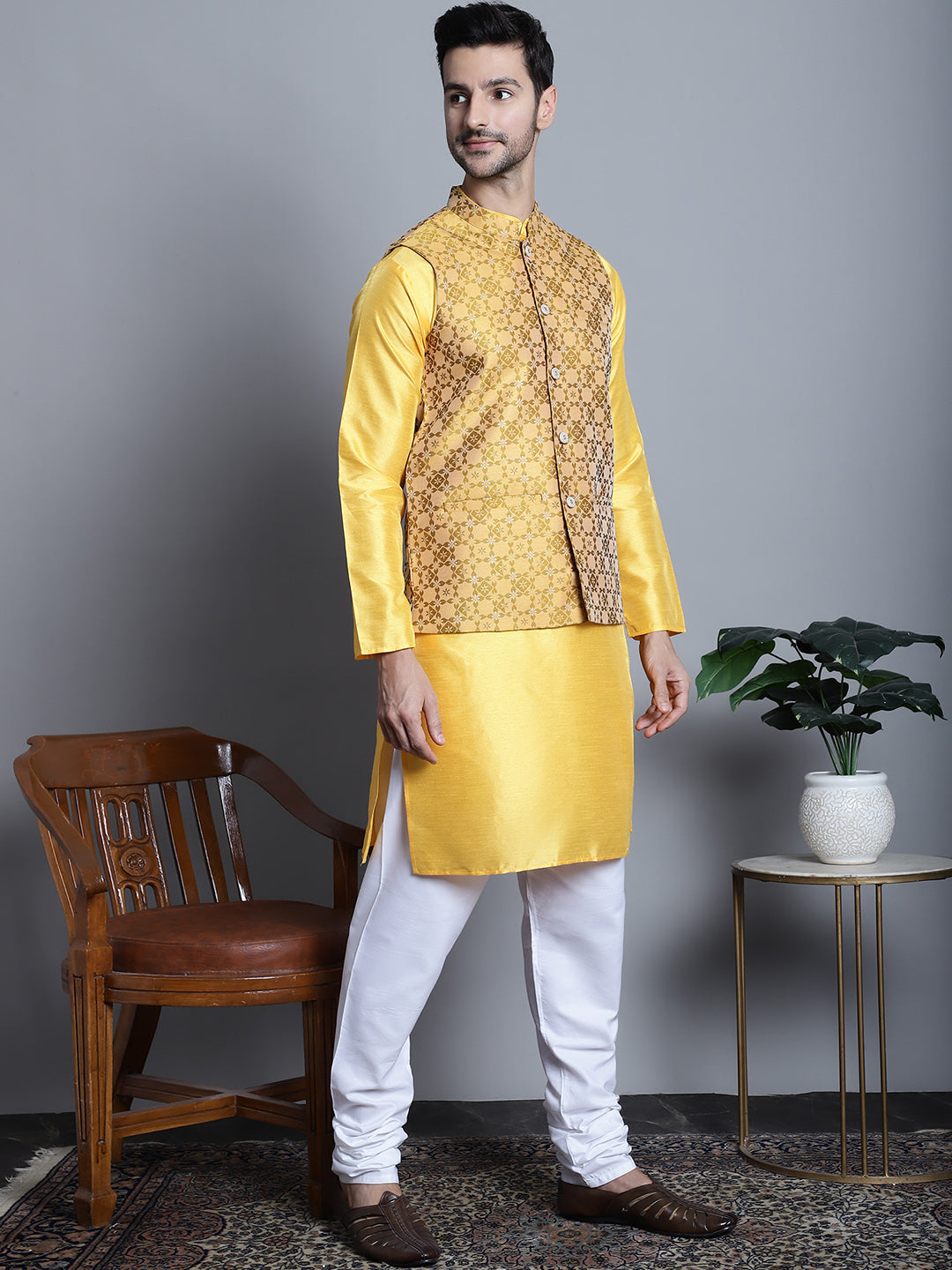 Jompers Men's Woven Design Nehru Jacket With Kurta Pyjama Set - Mustard - Distacart