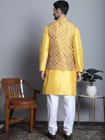 Thumbnail for Jompers Men's Woven Design Nehru Jacket With Kurta Pyjama Set - Mustard - Distacart