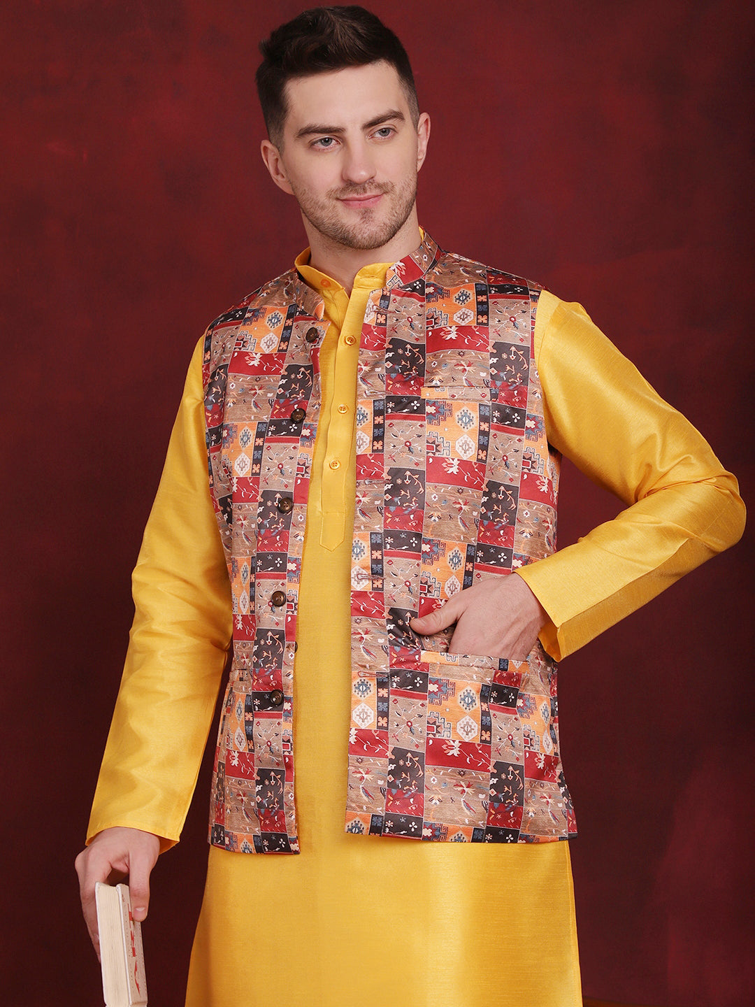 Jompers Men's Multi Printed Nehru Jacket With Kurta Pyjama Set - Distacart