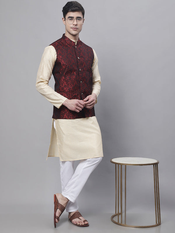 Jompers Men's Beige Embroidered Kurta Pyjama With Woven Design Nehru Jacket - Distacart