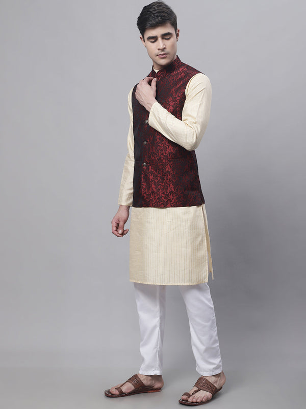 Jompers Men's Beige Embroidered Kurta Pyjama With Woven Design Nehru Jacket - Distacart