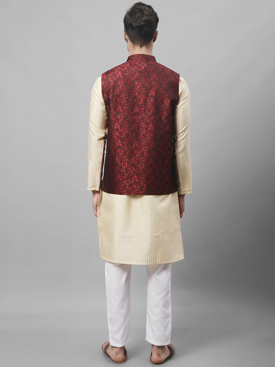 Jompers Men's Beige Embroidered Kurta Pyjama With Woven Design Nehru Jacket - Distacart