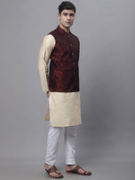 Thumbnail for Jompers Men's Beige Embroidered Kurta Pyjama With Woven Design Nehru Jacket - Distacart