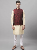 Thumbnail for Jompers Men's Beige Embroidered Kurta Pyjama With Woven Design Nehru Jacket - Distacart