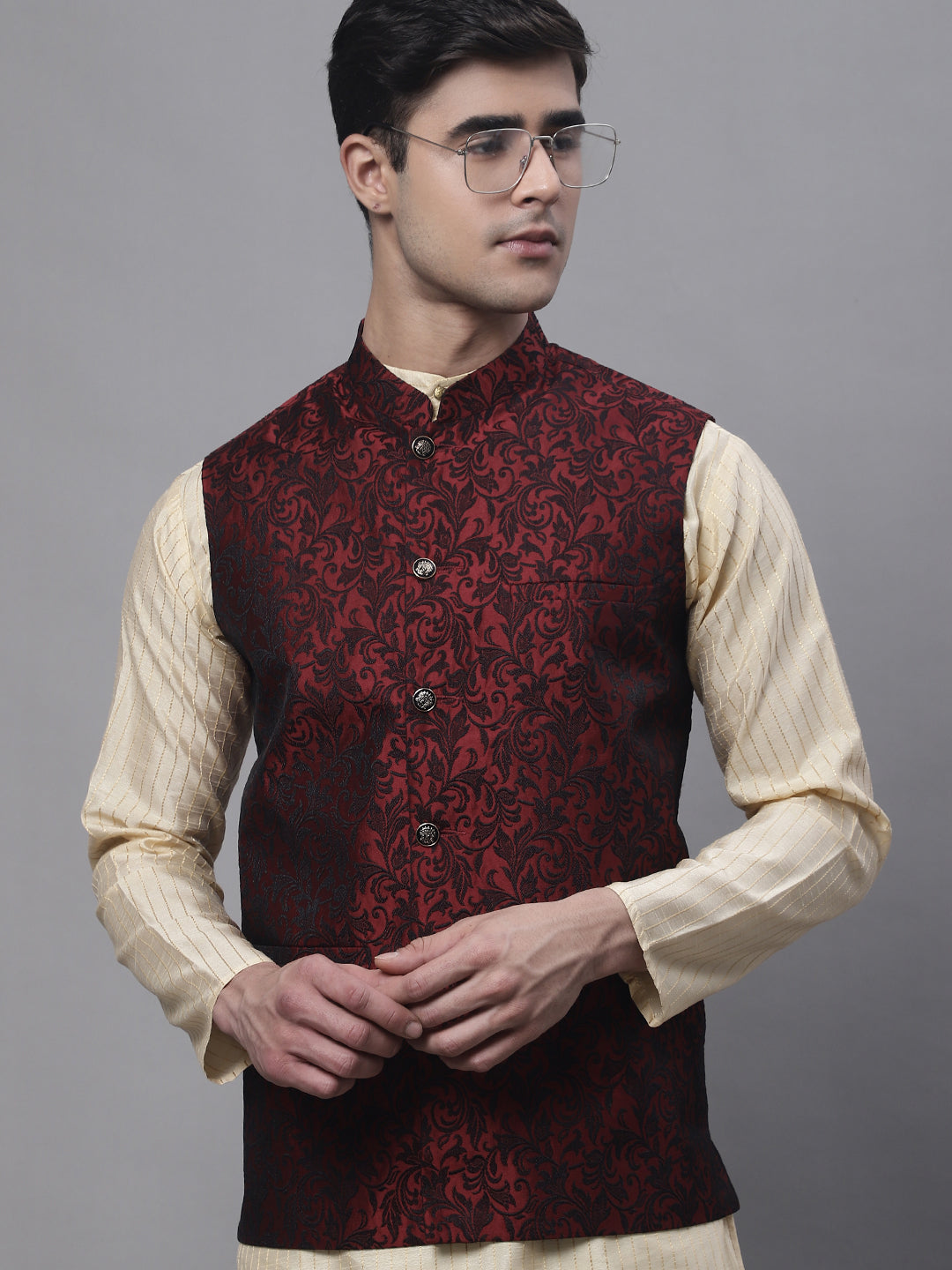 Jompers Men's Beige Embroidered Kurta Pyjama With Woven Design Nehru Jacket - Distacart