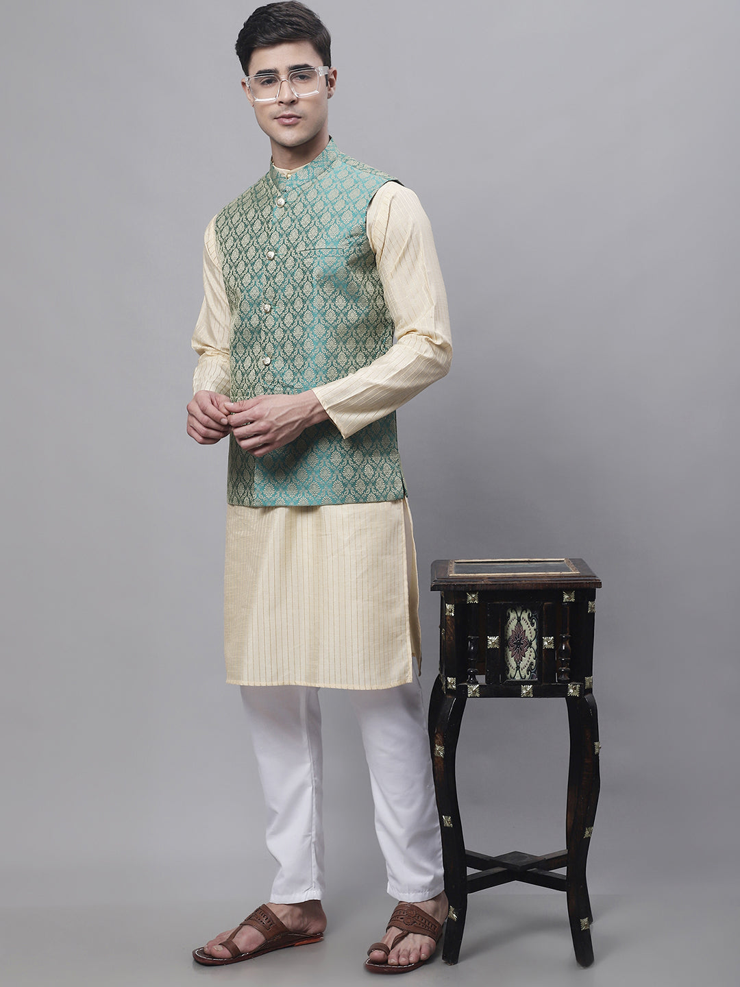 Jompers Men's Beige Embroidered Kurta Pyjama With Green Woven Design Nehru Jacket - Distacart