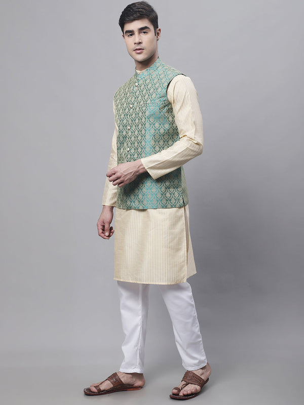 Jompers Men's Beige Embroidered Kurta Pyjama With Green Woven Design Nehru Jacket - Distacart