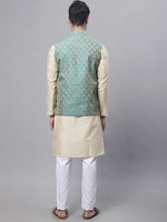 Thumbnail for Jompers Men's Beige Embroidered Kurta Pyjama With Green Woven Design Nehru Jacket - Distacart