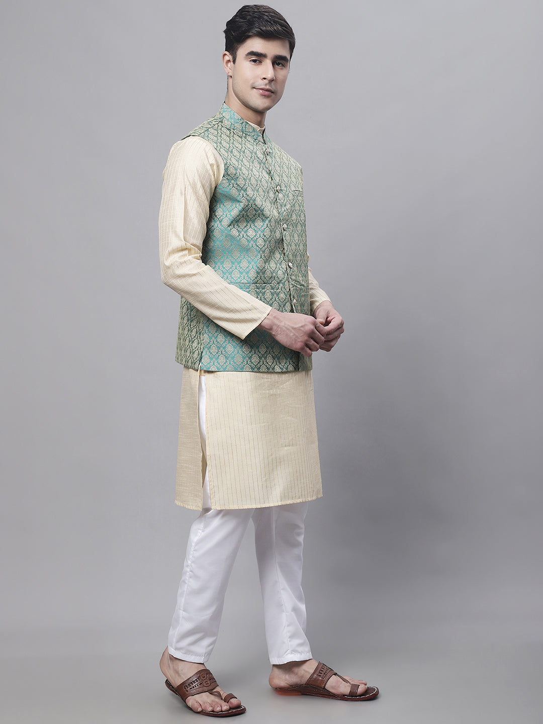 Jompers Men's Beige Embroidered Kurta Pyjama With Green Woven Design Nehru Jacket - Distacart