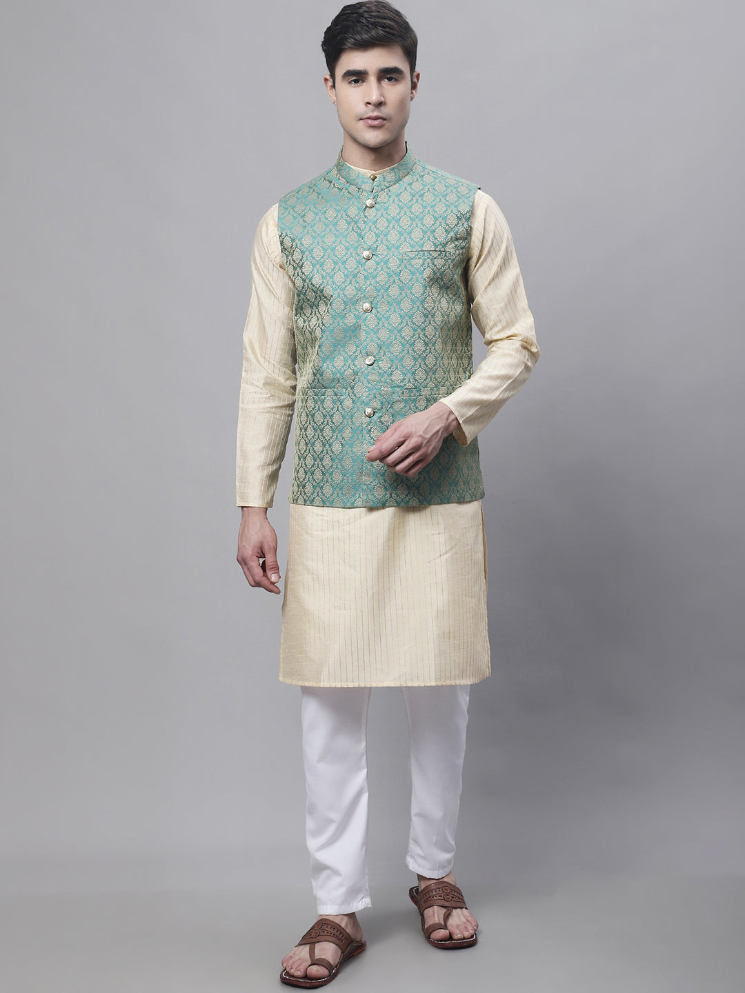 Jompers Men's Beige Embroidered Kurta Pyjama With Green Woven Design Nehru Jacket - Distacart