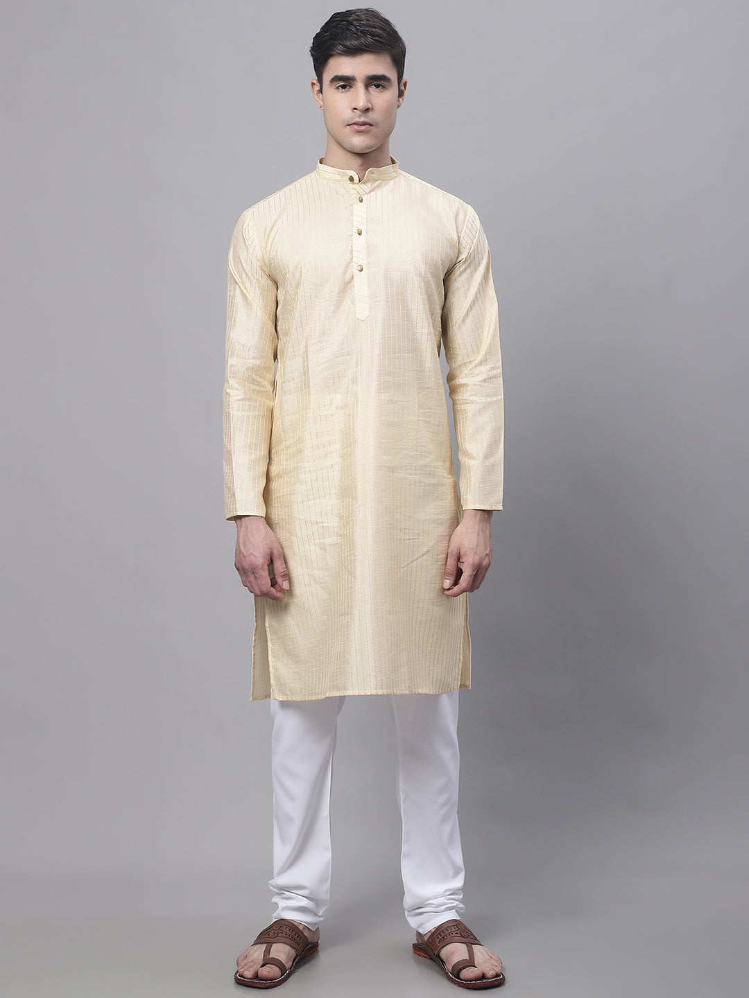 Jompers Men's Beige Embroidered Kurta Pyjama With Green Woven Design Nehru Jacket - Distacart