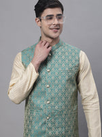 Thumbnail for Jompers Men's Beige Embroidered Kurta Pyjama With Green Woven Design Nehru Jacket - Distacart
