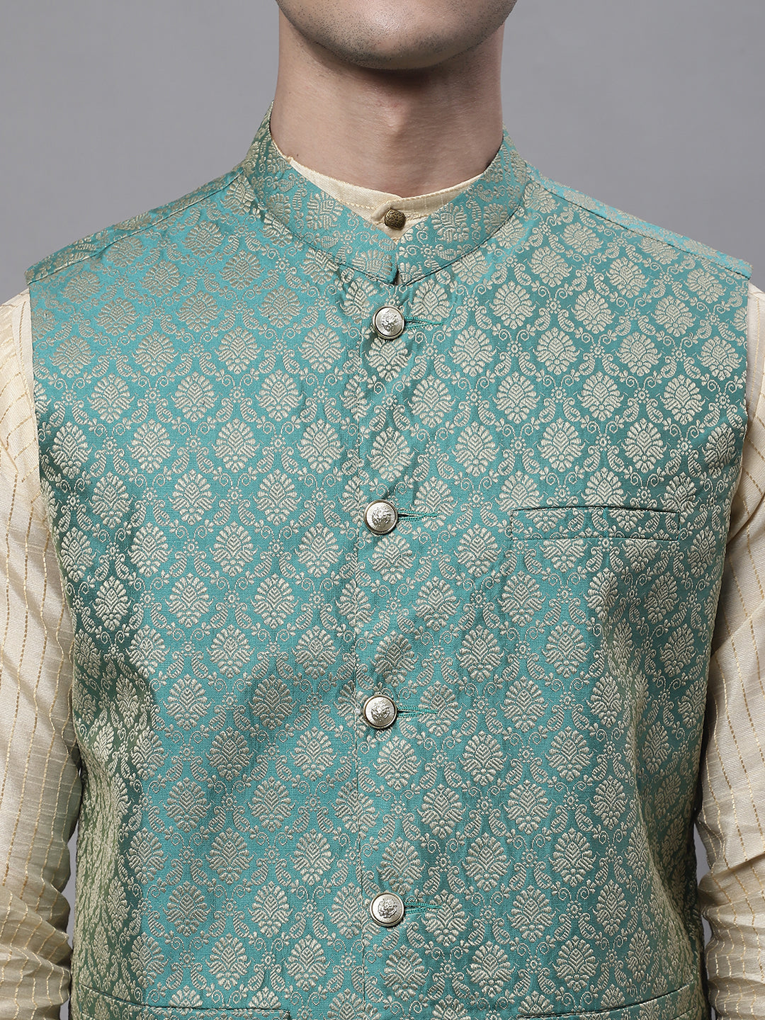 Jompers Men's Beige Embroidered Kurta Pyjama With Green Woven Design Nehru Jacket - Distacart