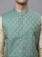 Thumbnail for Jompers Men's Beige Embroidered Kurta Pyjama With Green Woven Design Nehru Jacket - Distacart