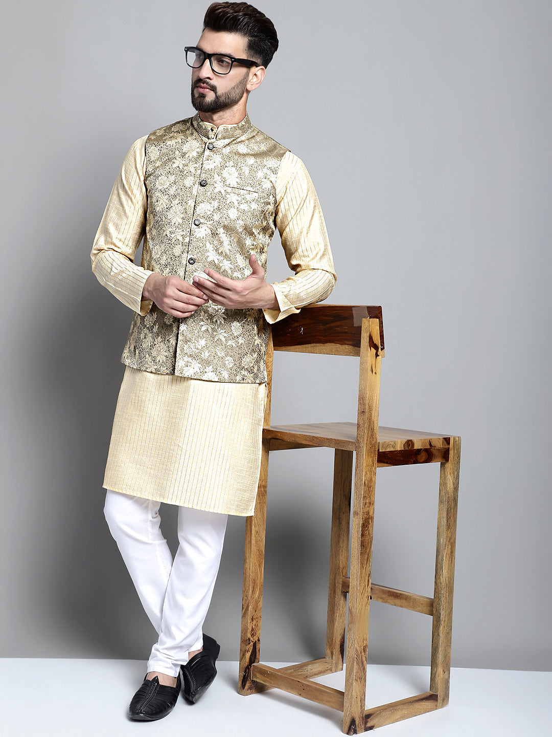 Jompers Men's Beige Embroidered Kurta Pyjama With Woven Design Nehru Jacket - Distacart