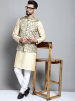 Thumbnail for Jompers Men's Beige Embroidered Kurta Pyjama With Woven Design Nehru Jacket - Distacart