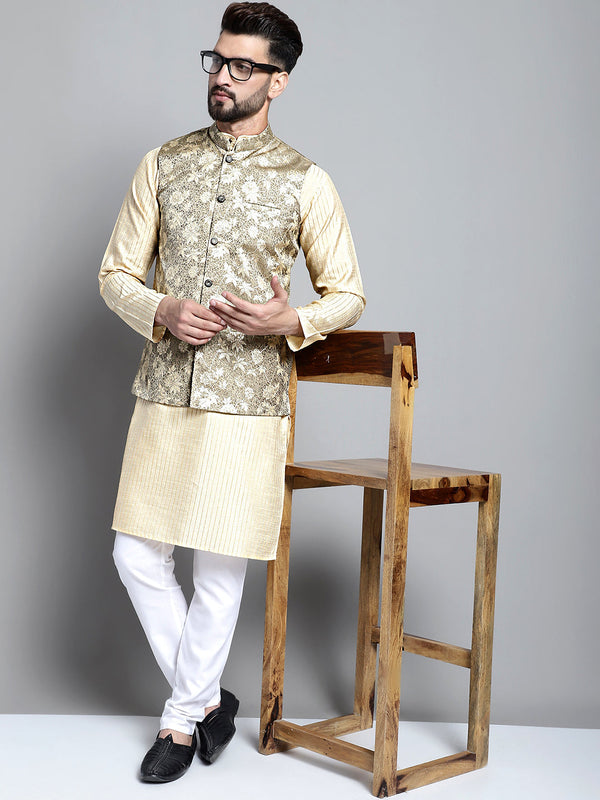 Jompers Men's Beige Embroidered Kurta Pyjama With Woven Design Nehru Jacket - Distacart
