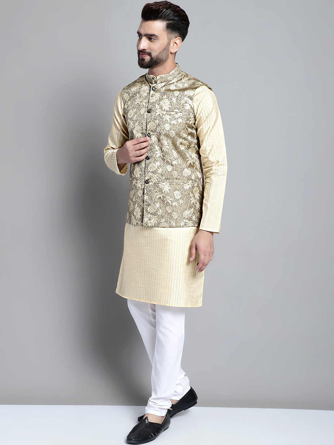 Jompers Men's Beige Embroidered Kurta Pyjama With Woven Design Nehru Jacket - Distacart