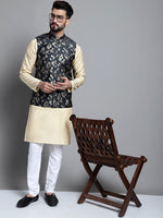Thumbnail for Jompers Men's Beige Embroidered Kurta Pyjama With Woven Design Nehru Jacket - Distacart