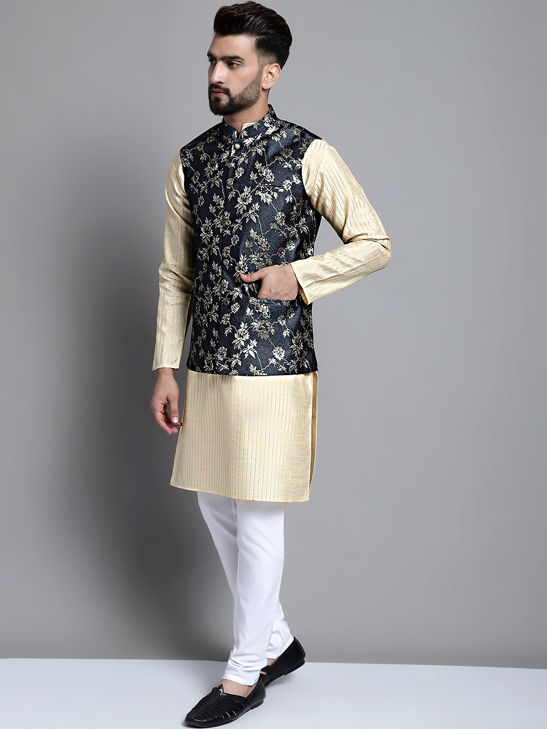Jompers Men's Beige Embroidered Kurta Pyjama With Woven Design Nehru Jacket - Distacart