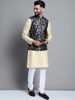 Thumbnail for Jompers Men's Beige Embroidered Kurta Pyjama With Woven Design Nehru Jacket - Distacart