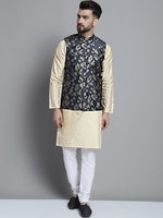 Thumbnail for Jompers Men's Beige Embroidered Kurta Pyjama With Woven Design Nehru Jacket - Distacart