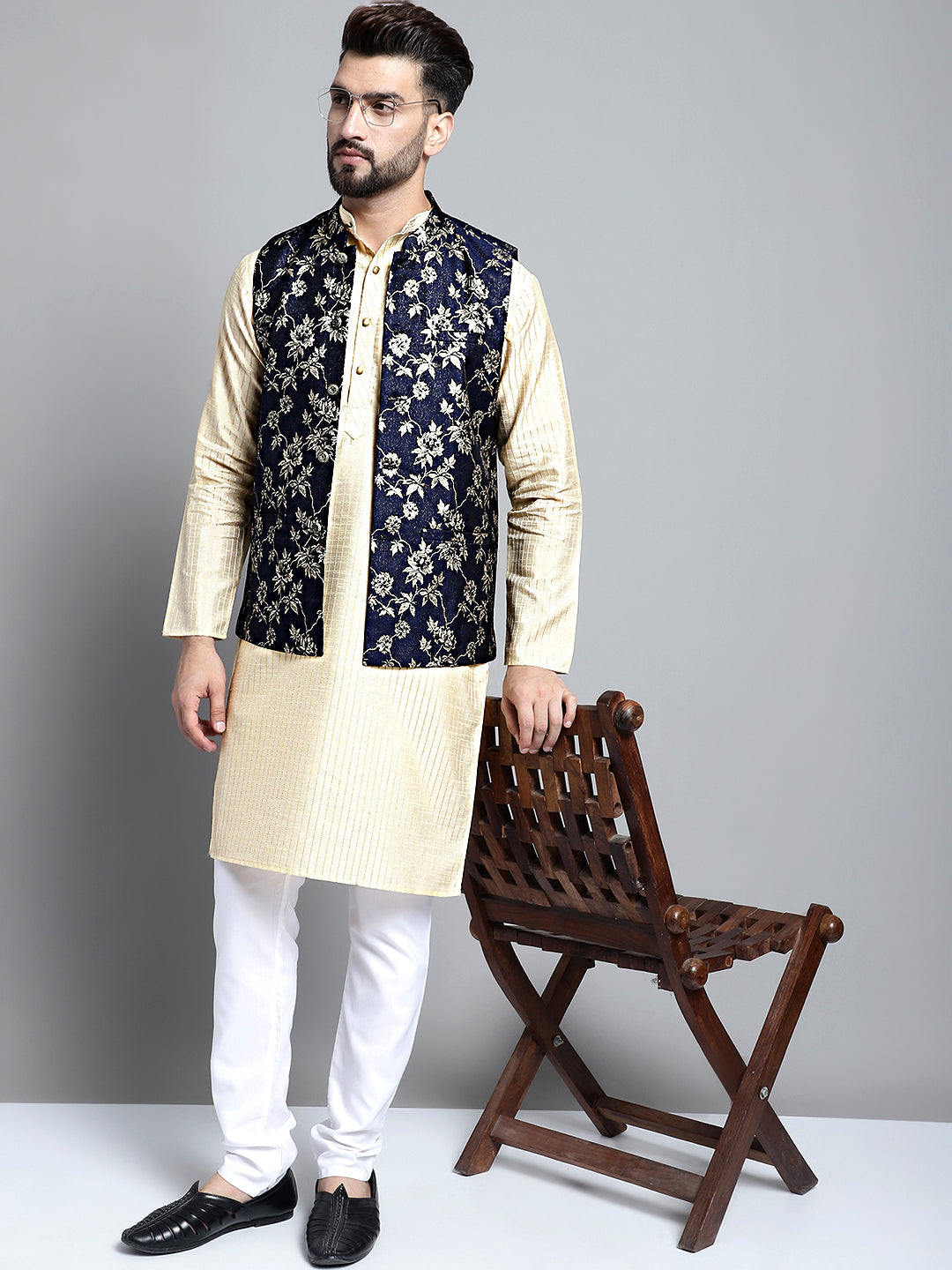 Jompers Men's Beige Embroidered Kurta Pyjama With Woven Design Nehru Jacket - Distacart