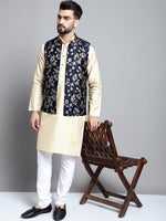 Thumbnail for Jompers Men's Beige Embroidered Kurta Pyjama With Woven Design Nehru Jacket - Distacart