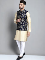 Thumbnail for Jompers Men's Beige Embroidered Kurta Pyjama With Woven Design Nehru Jacket - Distacart