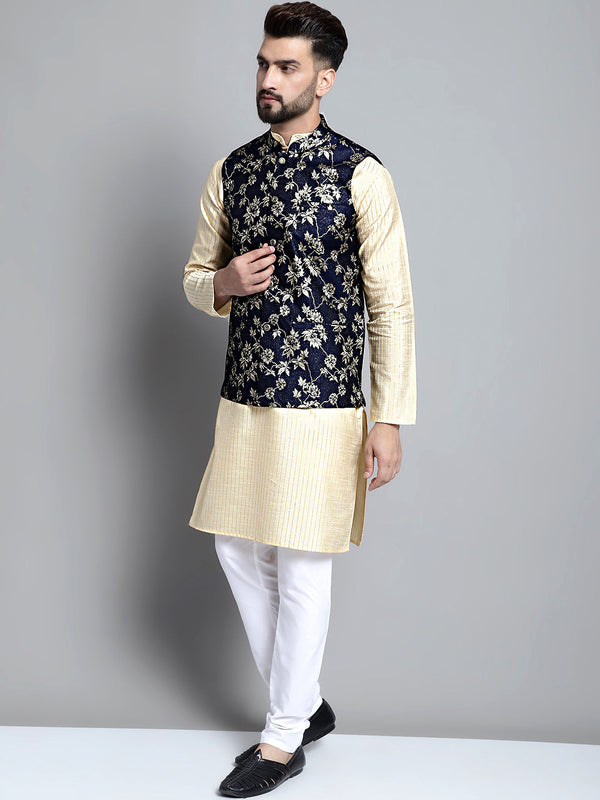 Jompers Men's Beige Embroidered Kurta Pyjama With Woven Design Nehru Jacket - Distacart