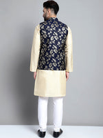 Thumbnail for Jompers Men's Beige Embroidered Kurta Pyjama With Woven Design Nehru Jacket - Distacart