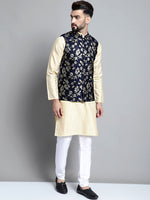 Thumbnail for Jompers Men's Beige Embroidered Kurta Pyjama With Woven Design Nehru Jacket - Distacart